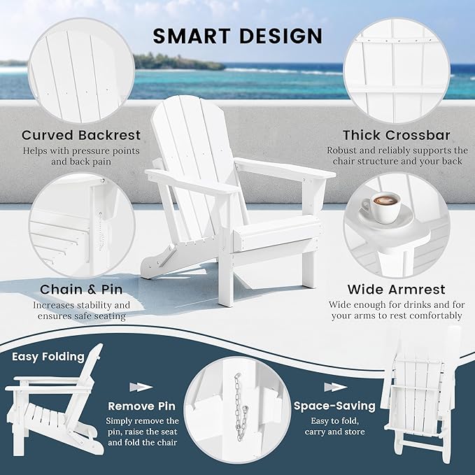 Westin Outdoors Laguna WO Outdoor Adirondack Folding Patio Chairs 8 PCS Set Retro Beach Aesthetic for Backyard, Lawn, Patio, Deck, Garden, Weather Resistant Polyethylene Plastic Lounger (White)