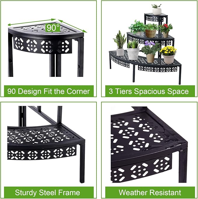 aboxoo 3 Tier Plant Stand Flower Pot Rack, Metal Stair-Step Style Corner Shelf Planters, Quarter Round Display Holder for Indoor Outdoor Use(Black, Semicircle)