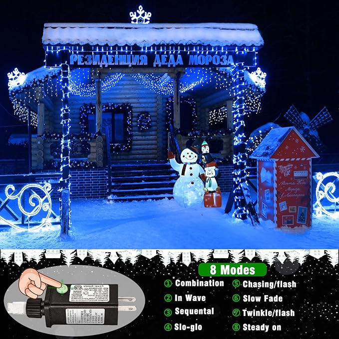 33ft 100 LED Christmas Lights Outdoor - 8 Modes Christmas String Lights Clear Wire with Time Memory, Waterproof Plug in Fairy String Lights for Indoor Outdoor Home Party Garden Decoration, Blue