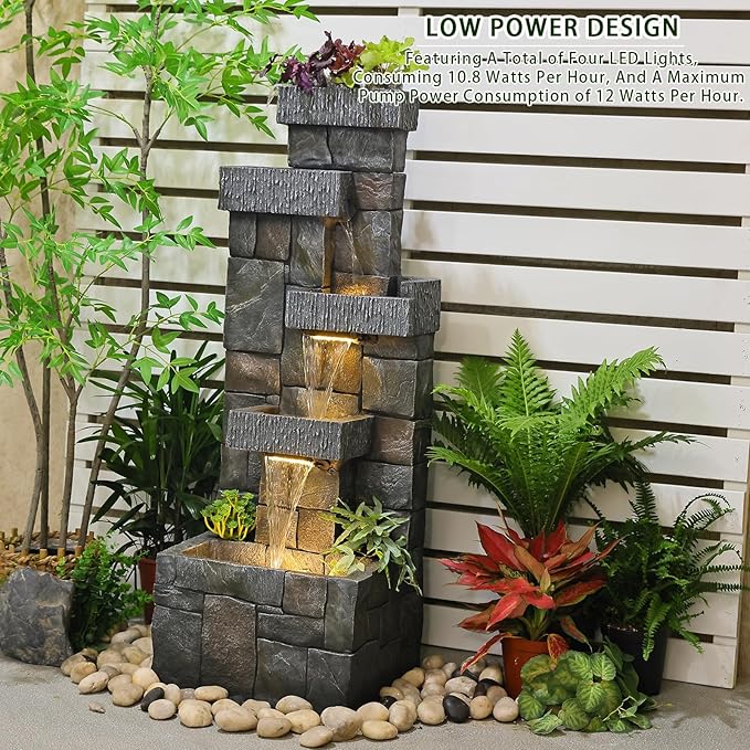 Garden Fountains Outdoor Water Fountain - 44.5 Inches 4 Tired Modern Indoor Floor Standing Outdoor Fountain with Lights Pump for Garden Patio Backyard Porch Home Art Decor, Dark Gray