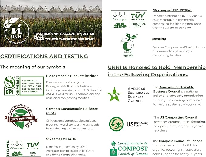 UNNI Compostable Lawn & Leaf Bags, 30-33 Gallon / 124 Liter, 20 Count, Extra Thick 1.1 mil Yard Waste & Food Scrap Liners, Certified by BPI, CMA & OK compost HOME, Meets the ASTM D6400 Standard