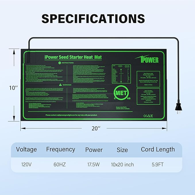 iPower 10" x 20" Durable Waterproof Seeding Heat Mat with Digital Thermometer for Providing Reliable Warmth for Indoor hydroponic Plant Germination