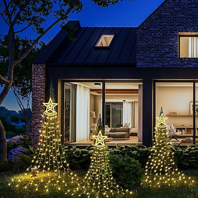 3 Pcs Christmas Decorations Star String Lights 3 Size 108/135/162 LED Waterproof String Lights with Christmas Tree Topper Lighting 8 Modes Waterfall Lights for Garden Yard Party, Warm White