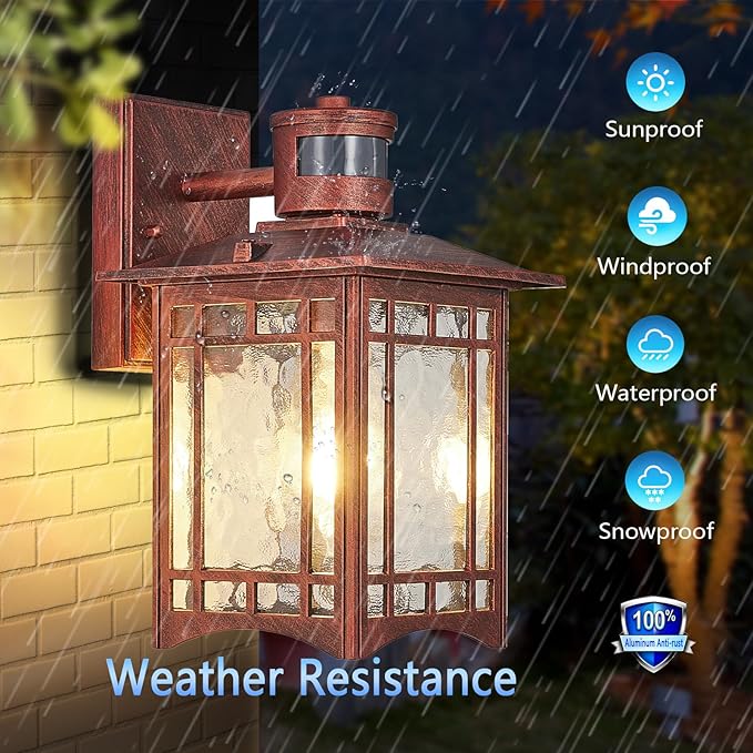 Dusk to Dawn Motion Sensor Outdoor Lights - Dark red Exterior Light Fixture Wall Mount for Outside House Porch Patio Garage - Yard Front Motion Detector Lantern - Waterproof Anti-Rust Lighting