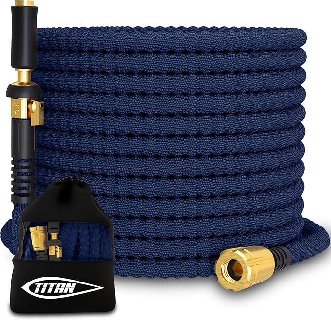 TITAN Flexible Garden Hose 30FT – Ultra Lightweight, Heavy Duty Water Hose with Brass Fittings & Jet Nozzle – Kink-Free, Non-Expanding, Durable Fabric Hose for Yard, Lawn, Car Wash, Outdoor Use