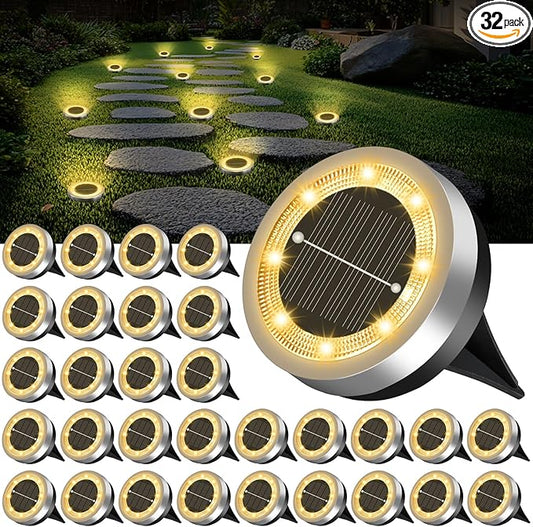 Mini Solar Ground Lights Outdoor 32 Pack Waterproof Upgraded Anti-Rust Solar Flat Garden Lights Stainless Steel Solor Powered Disc Landscape Light for Pathway Walkway Yard Lawn Patio-Warm White
