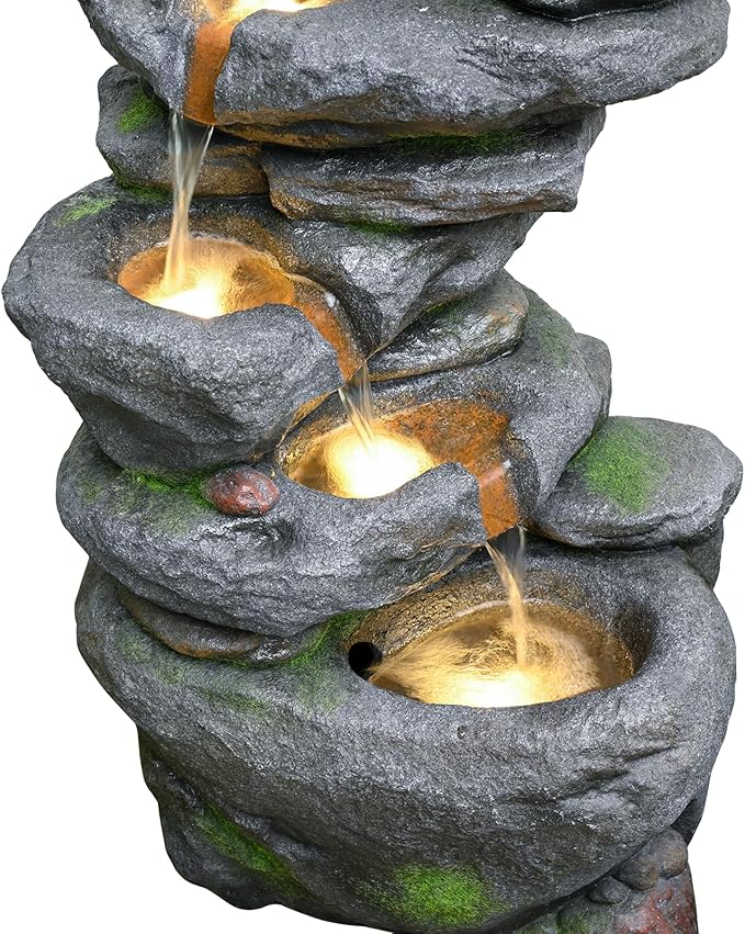 38" Outdoor Garden Water Fountain with Lights 5 Tiers Cascading Large Waterfall Floor Standing Fountain for Patio, Backyard, Deck, Porch and Home Art Decor