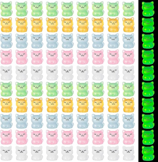 100 Pcs Luminous Mini Cat Figurines Resin Tiny Cat Animal Figurines Glow in The Dark Miniature Cat Statues Ornaments for DIY Cake Decoration Ornaments Crafts Moss Landscape Decoration