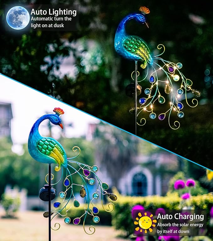 DREAMSOUL Metal Peacock Garden Solar Lights Outdoor Decorative Garden Stake Lights- Waterproof Peacock Solar Landscape LED Path Light Patio Yard Lawn Outside Decoration