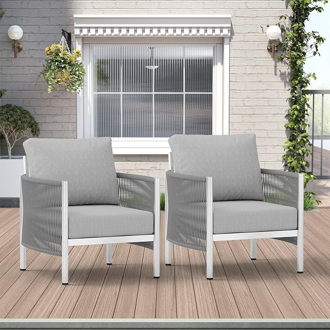 Aluminum Outdoor Sofa Armchair, HDPE Rope Patio Couch with Washable Thick Cushion, All-Weather Outdoor Patio Chairs Set of 2 for Balcony, Yard, Silver Frame, Silver