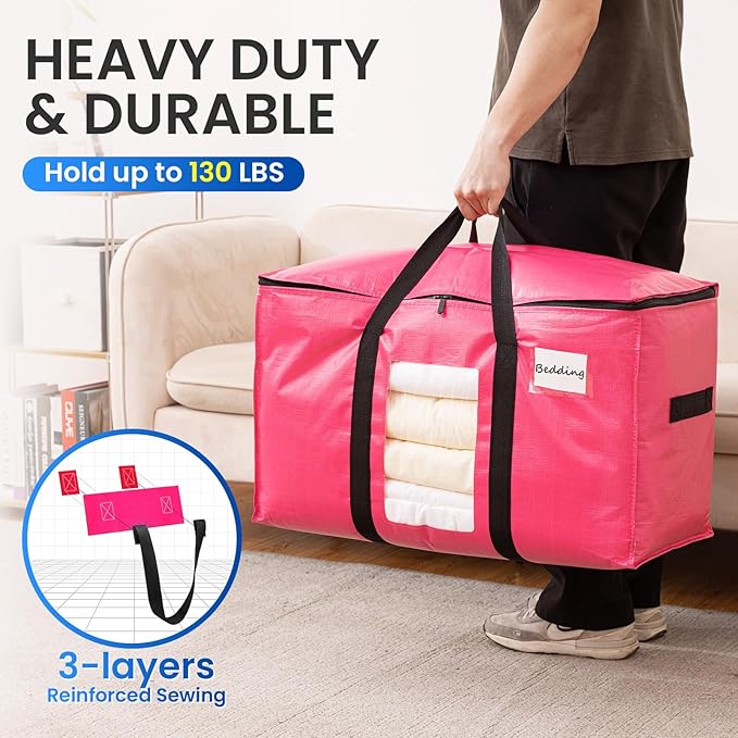TAILI 8 Pack Pink Extra Large Moving Bags, Heavy Duty Totes with Visible Window, Wrap Around Handles, Space-Saving Storage, Alternative to Moving Boxes