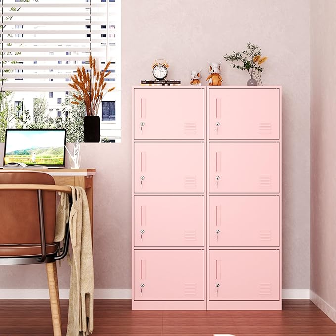 4 Door Metal Storage Locker Cabinet for Office, Home, Gym, School, Steel Cabinet to Storage File, Toys, Shoes and Sports Equipment, Locker Organizer for Gym Office Bedroom (4 Door, Pink)