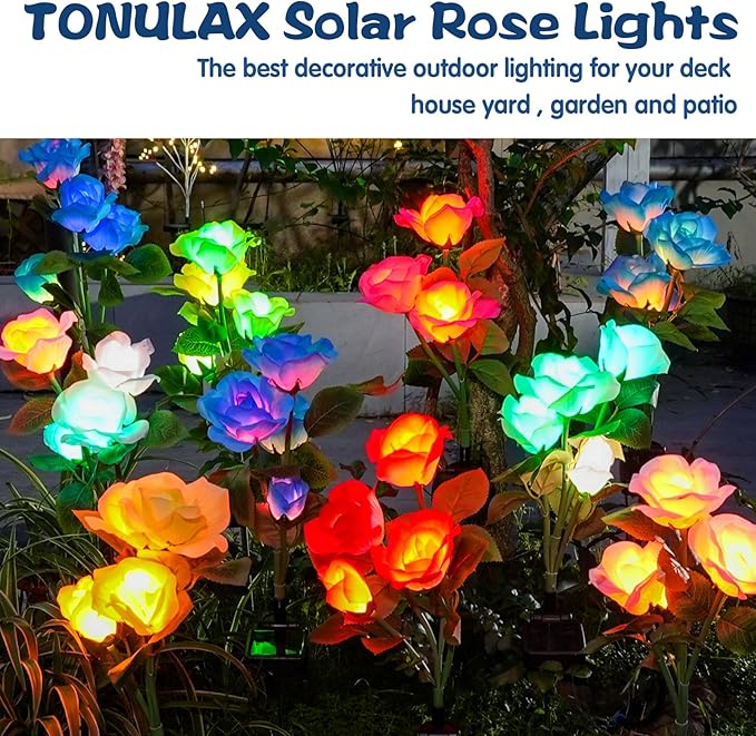 TONULAX Solar Garden Lights - Upgraded Outdoor Light, 7 Color Changing Rose Lights for Yard,Garden Decoration, Enlarged Solar Panel, More Realistic Rose Flower (6 Pack)