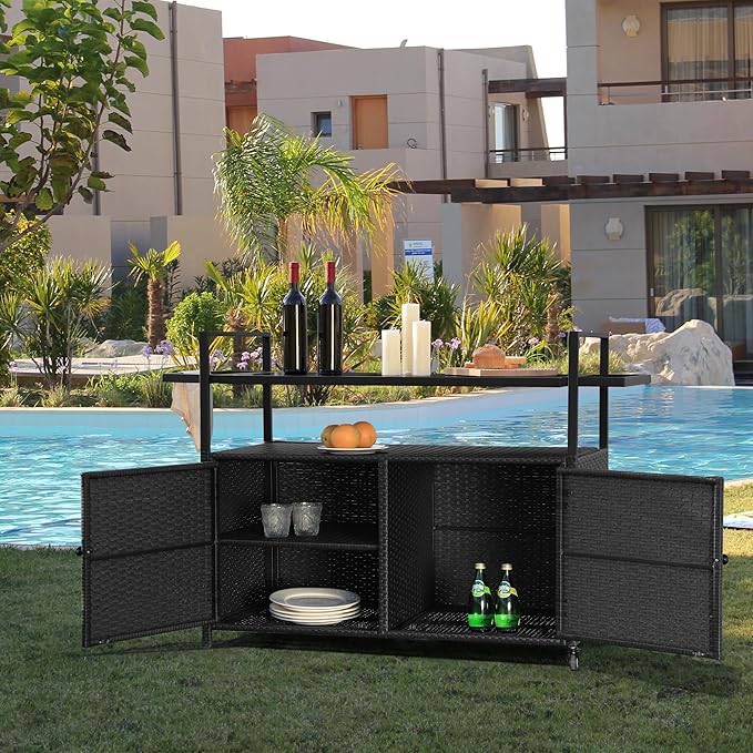 Wicker Outdoor Bar Cart - Black Patio Console Storage Table Buffet Cabinet Serving Kitchen Cart with Wheels for Outside Backyard