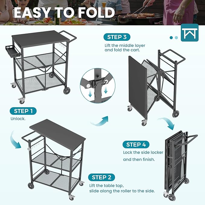 Ciokea Folding Outdoor Grill Cart with Wheels, 3-Shelf Grill Table with 27x18 in Table Top, Rolling Pizza Oven Stand, Metal Portable Cart for BBQ Patio Camping (All Black)