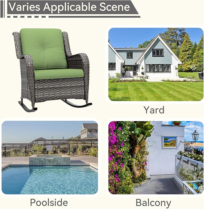 1 PC Outdoor Rocking Chair, Wicker Patio Rocker Chair for Yard, Porch, Mixed Brown Grey Rattan, Green Cushions