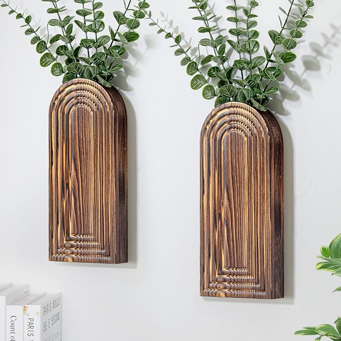 Wooden Wall Planter Vase Set of 2, Boho Hanging Planter for Indoor Plants & Flowers, Natural Wood Wall-Mounted Planters for Art Home Decor - Living Room, Bedroom, Bathroom, Patio (Brown)