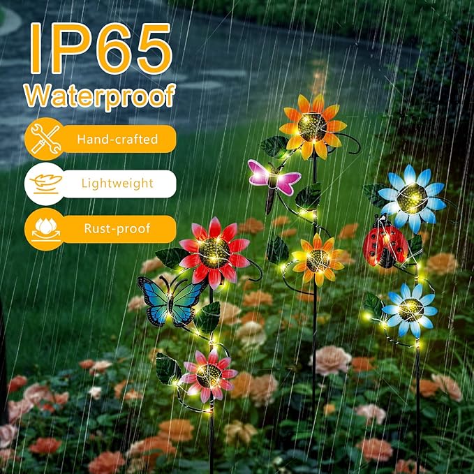 3 Pack Solar Garden Light, Sunflower & Insect Metal Solar Stake Lights, Outdoor Statues Figurine Lights for Spring Garden Lawn Patio Yard Decor