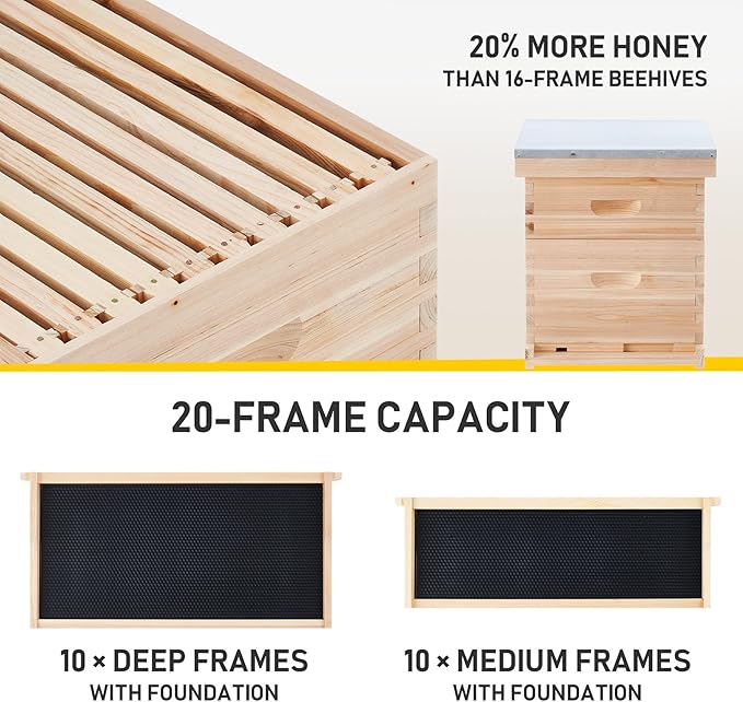 CREWORKS Bee Hive Boxes 10 Frame Langstroth Beehive, Bee Keeping Starter Kit Includes 1 Super Bee Box & 1 Bee Brood Box with Beehive Frames and Foundation, 2 Layers Complete Bee Hive Kit