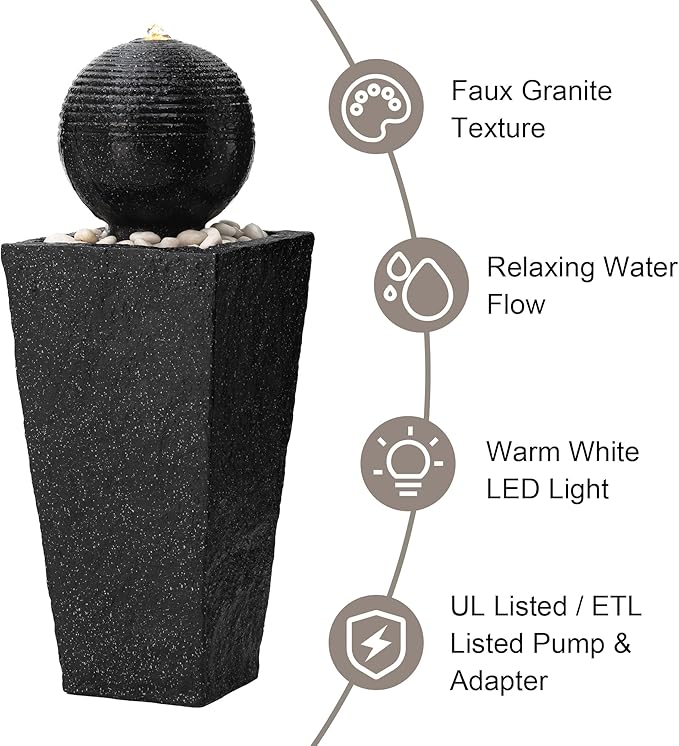 Glitzhome Outdoor Water Fountain with LED Light, Decorative Black Pedestal Water Fountains with Submersible Pump, Modern Sphere Floor Fountain with Pebbles for Garden Patio Decor Porch, 31.75”H