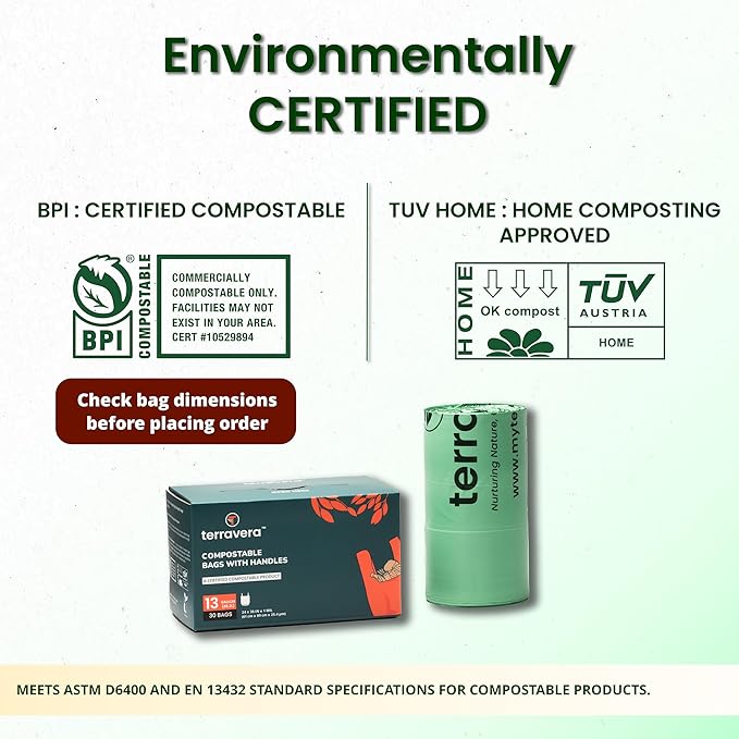 Compostable Trash Bags with Handles | BPI & OK Home Certified ASTM D6400 Standards | Heavy Duty Kitchen & Yard Waste Bags (13 Gallon Flat Top, 50 Count)