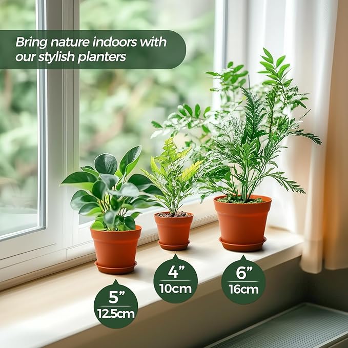 T4U 5 Inch Plant Pot 8-Pack, Plastic Pots with Drainage Hole and Saucer, Decorative Flower Pots Bulk for African Violet, Snake Plant, Succulent and All House Plants Indoor (8pcs 5" Pots)