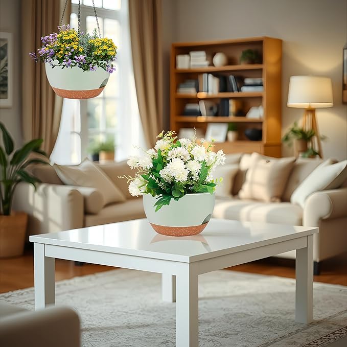 2 Pack 12 Inch Large Hanging Planters with Chains Self Watering Green Brown Plastic Hanging Pots for Indoor Outdoor Plants, Garden Porch Home Decor，Green Brown