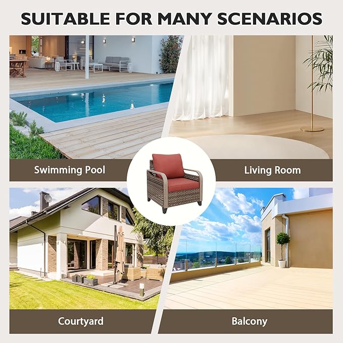 EAGLE PEAK Modern Wicker Outdoor Chair, Patio Chair Curved Armrest, Rattan Patio Furniture for Yard Deck Porch Garden, 2 Chairs, Brown/Red