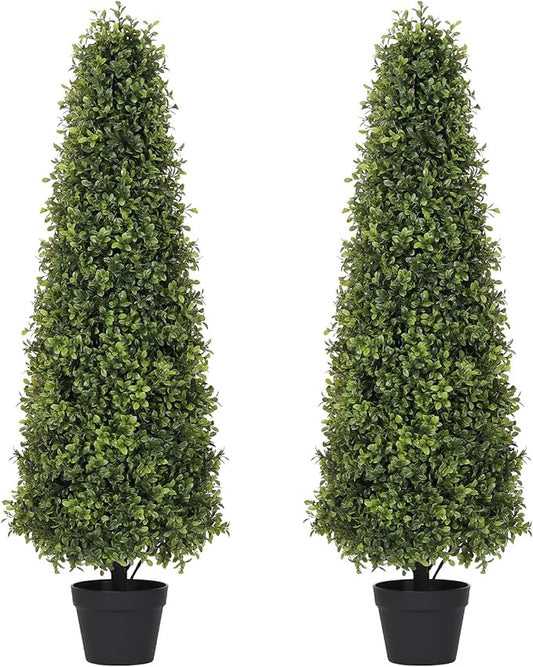 4ft Artificial Boxwood Topiary Trees (Set of 2) - UV Resistant Faux Plants Outdoor, Realistic 48in Fake Potted Bushes and Shrubs for Front Porch, Planter, Patio - Low Maintenance & Evergreen