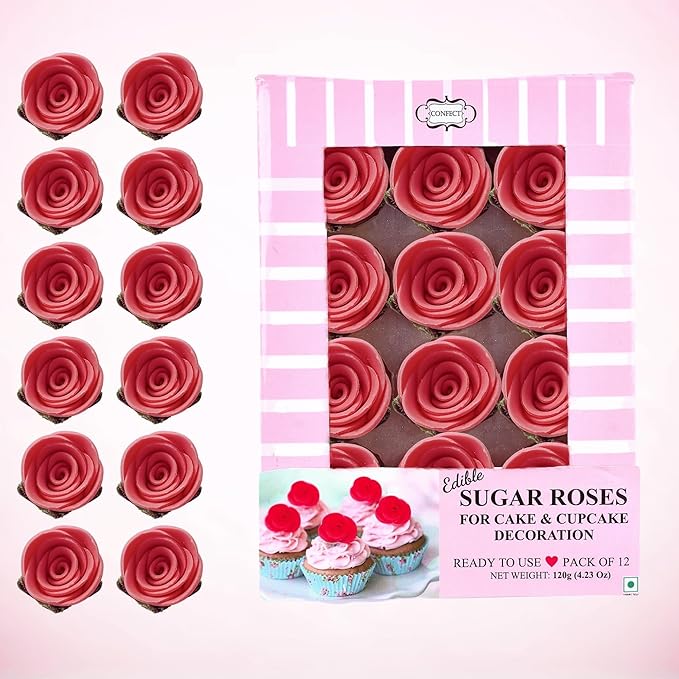 Confect Edible Flower | Edible Old Rose Flower for cake decorations | Edible Flower Cupcake Toppers | Cupcakes & Doughnut Edible Toppers | Flamingo Old Rose Sugar Flower- Pack of 12