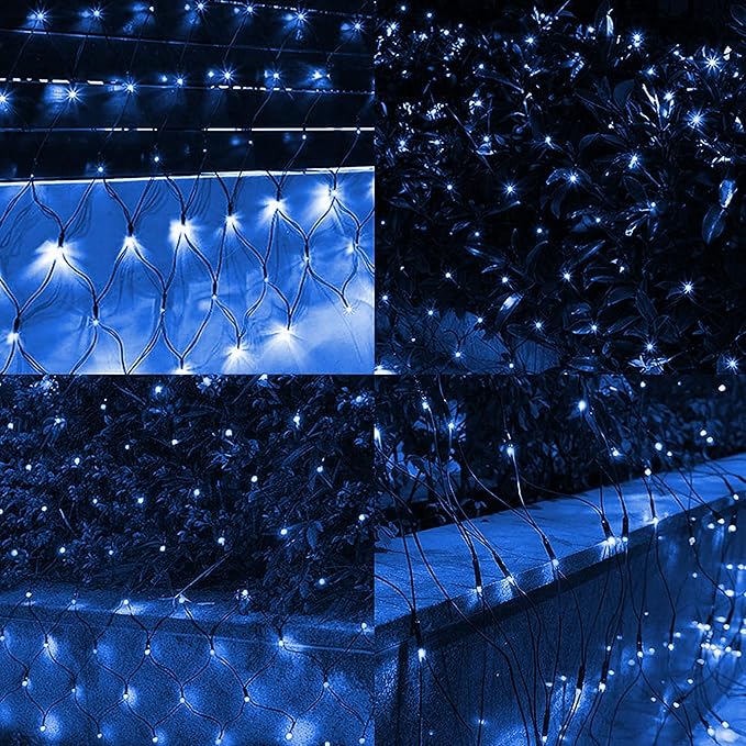 Dazzle Bright Christmas Net Lights, 360 LED 12FT x 5 FT Green Wire Waterproof Connectable String Lights with 8 Modes, Christmas Outdoor Lights for Bushes Garden Party Wedding Holiday Decoration (Blue)