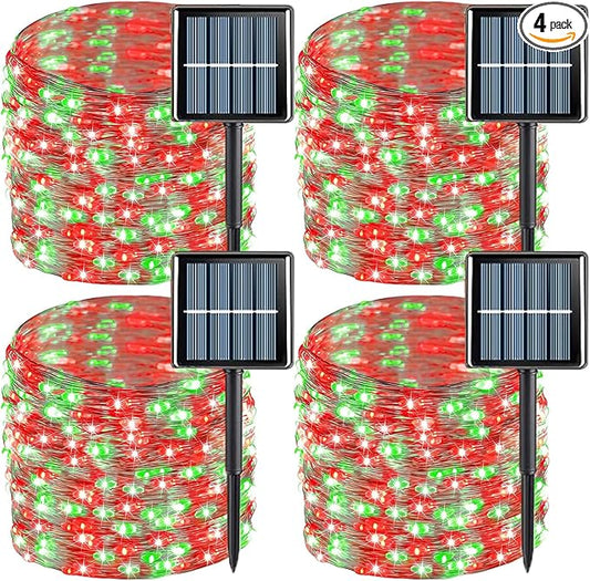 YEGUO Solar Fairy Lights Outdoor Waterproof, 4 Pack Each 33ft 100 LED String Lights, 8 Modes Silver Wire(Green and Red)