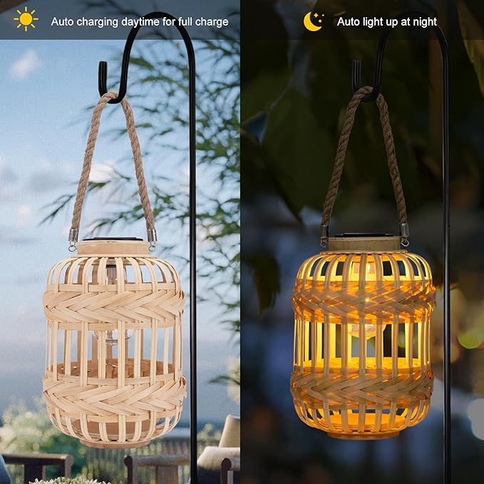 Solar Lanterns Outdoor Hanging Lights Rattan Bamboo Solar Light Waterproof with Twine Handle Garden Decorative Table Lamp for Yard Tabletop Patio Tree Pathway Home Decoration