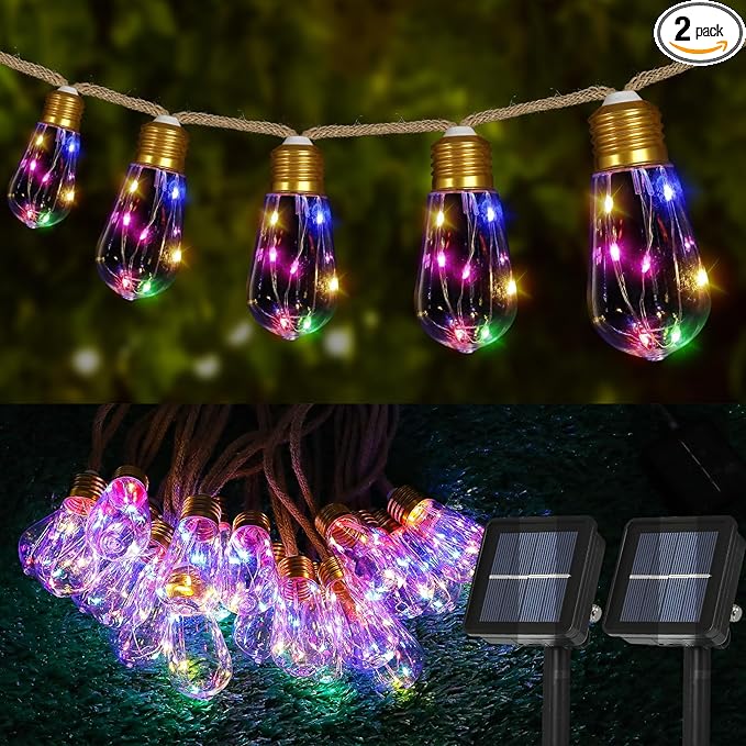 Solar Outdoor String Lights 2Pack 24FT Vintage Rope Hemp Solar Lights with 20 Shatterproof Bulbs,8 Modes Solar Powered Lights with Memory Function, Waterproof for Fence,Balcony,Yard(Multicolor)