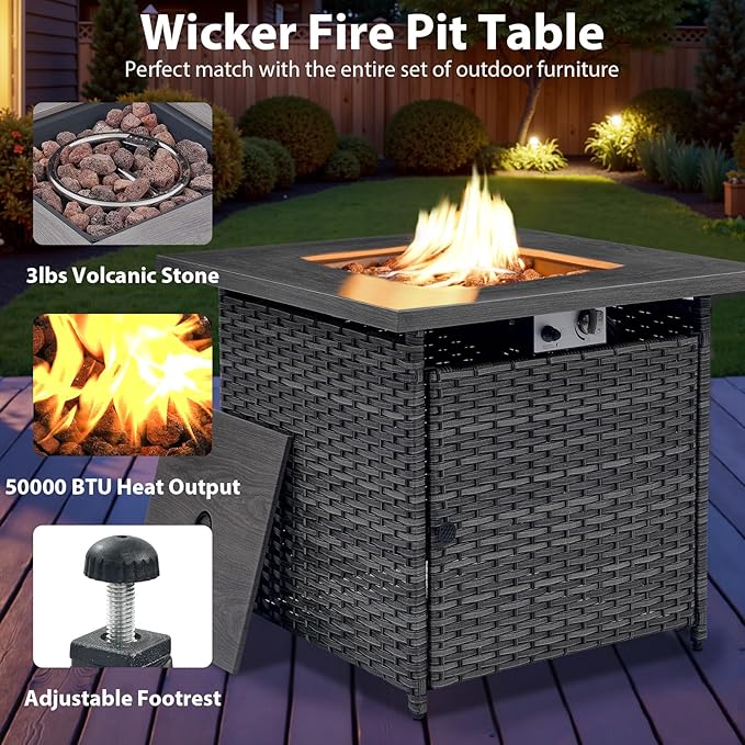 Outdoor Swivel Rocker Chairs Set of 4 with Fire Pit Table - 5 Peice Wicker Patio Furniture Set Conversation Set with 50,000 BTU Fire Pit for Deck Backyard - Grey Wicker Blue Cushion