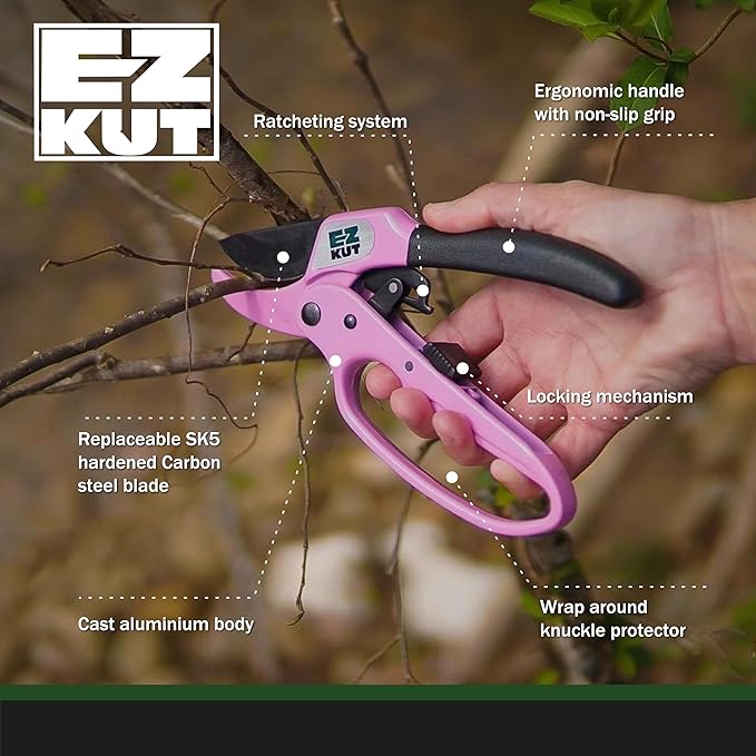 EZ Kut Heavy Duty Pruners Ratchet Hand Pruner with Ratcheting Action Great Garden Hand Tool Clippers Gardening pruners arthritis tools Ratcheting Anvil Hand Pruner Pruning Shears Heavy Duty Since 1988