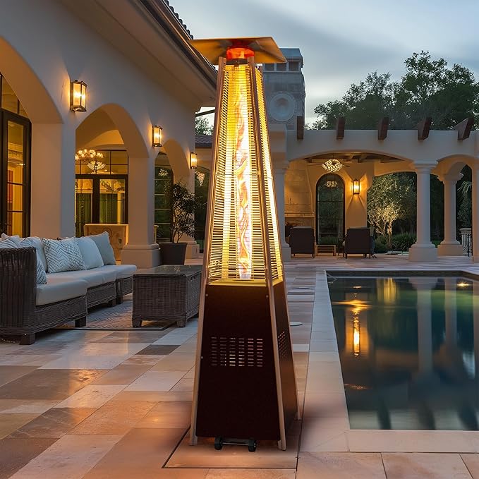 48,000 BTU Flame Pyramid Pool Heater, Triple Safety Protection Portable Patio Heater with Patio Cover, Warm Glass Tube with Durable Wheels-Brown