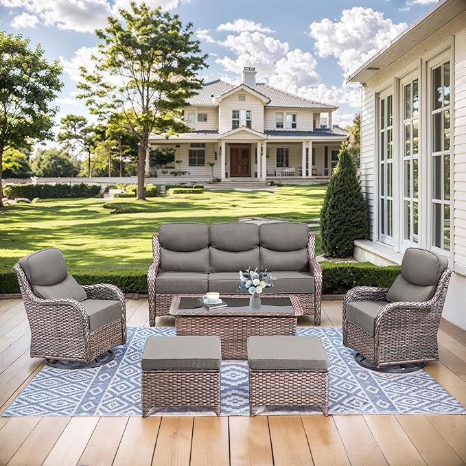 HUMMUH Wicker Patio Furniture Set 6 Inch Thick Cushion Outdoor Swivel Rocker Patio Chairs with Deep Seat Sofa 6PCS Outdoor Furniture Set for Porch Garden Deck