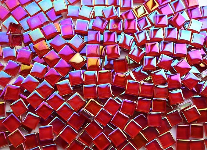 0.66lbs Ruby Red Iridescent Mosaic Tiles, 3/8" Square Glass Pieces With Smooth Edges, Ideal for Making Supplies, Small Colored Glass Tiles for DIY Coaster Projects