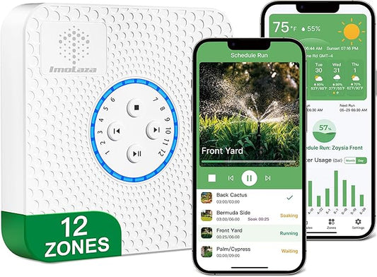 ImoLaza Smart Sprinkler Controller Evapotranspiration Master: 12 Zones WiFi Irrigation Controller with Automated Watering and App Control, Save Water Through Rain, Freeze, Wind and Saturation Skip