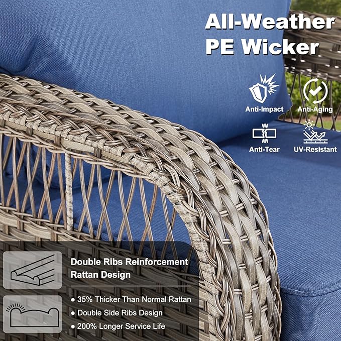 Outdoor Swivel Rocker Chairs - Patio Rocking Chairs Set of 2, Wicker Patio Set with 5" Thick Cushion, Rattan Patio Swivel Rocking Chairs for Porch, Deck, Backyard Blue/Gray