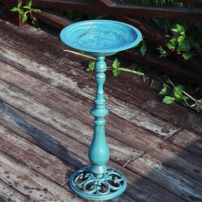 26.6”H Cast Iron Pedestal Bird Bath，Metal Birdbaths Bird Feeder Seed Tray for Garden Yard Decor -Blue.