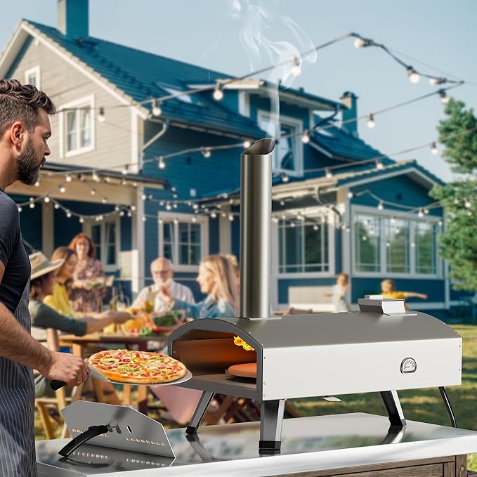 YTIAHOME Multi-Fuel Outdoor Pizza Oven with Rotating, 12" Wood and Gas Fired Pizza Oven with Built-in Thermometer, Dual Fuel Pizza Maker with Peel, Stone, Carry Cover, Recipes for Backyard Camp