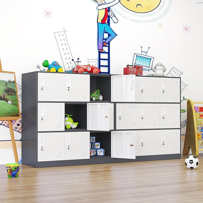 9 Doors Metal Lockers for Employees, Steel Storage Locker with Lock and Card Slot,Lockable Office Metal Storage for School Office Gym Bedroom,Garage(Gray)