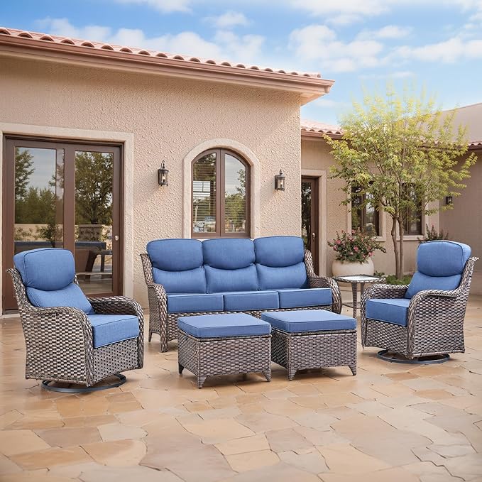 Swivel Patio Chairs sofa Set of 6 - 6" Thick Cushion - Wicker Outdoor Swivel Rocker Patio Chair ,Sofa/Glass coffee table, High Back Comfortable Outdoor Glider Chairs - Brown Wicker Blue Cushions
