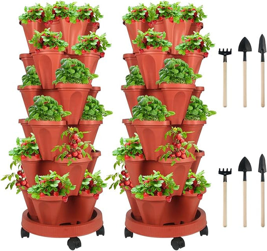 DUNCHATY Stackable Planters 6 Tier Vertical Garden Planting Tower Planters Strawberry, Herb, Flower, and Vegetable Planter Indoor Outdoor Gardening Pots with Removable Wheels and Tools, 2 Bundle