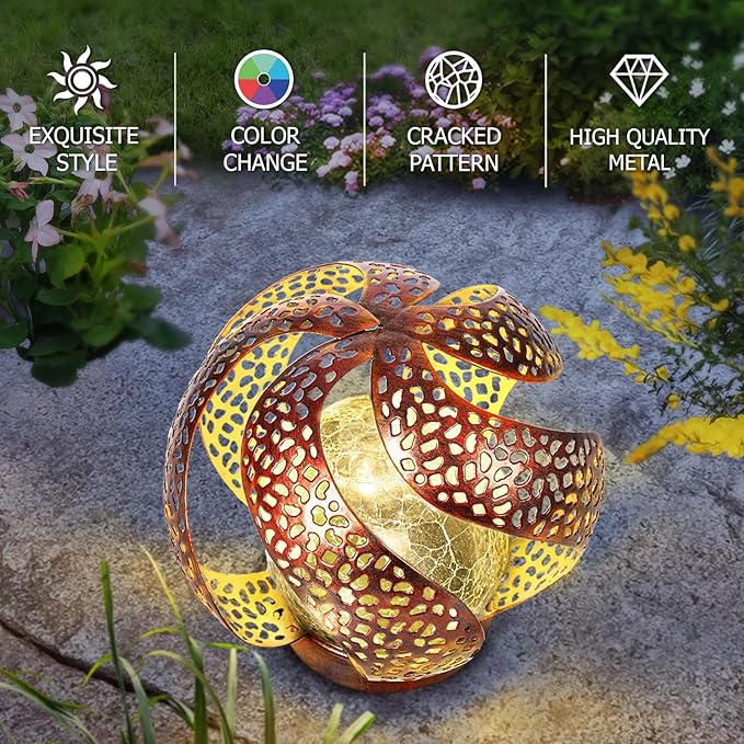 Huaxu Solar Lights Outdoor Garden Decor Waterproof Cracked Glass Globe LED Light Bronze Art Metal Retro Design Decorative Yard Patio Lawn Pathway Gift for Mom Women Anniversary Birthday