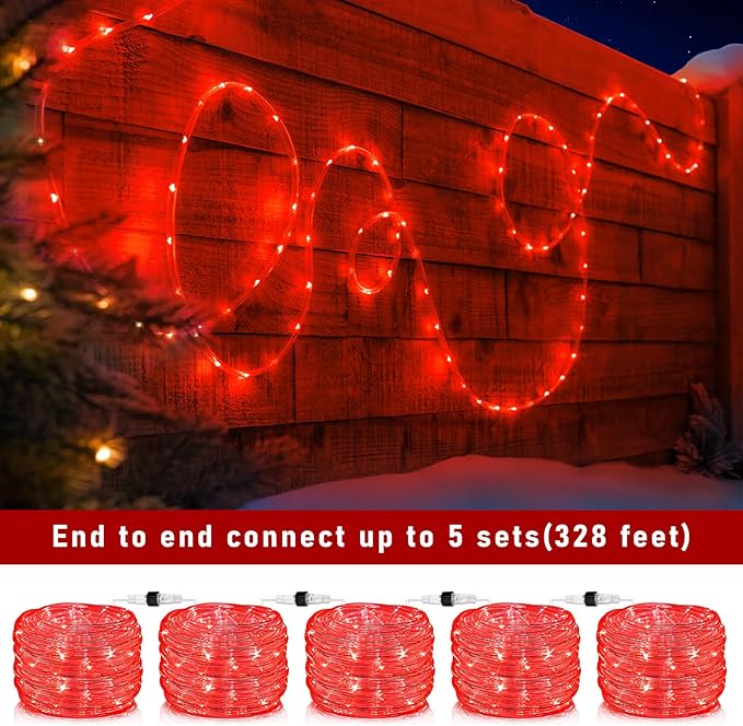 66FT 200 LED Rope Lights for Outside, Christmas String Lights with Waterproof 8 Modes, Flexible and Connectable Plug in Fairy Lights for Outdoor Indoor Bedroom Patio Wedding Decorations, Red