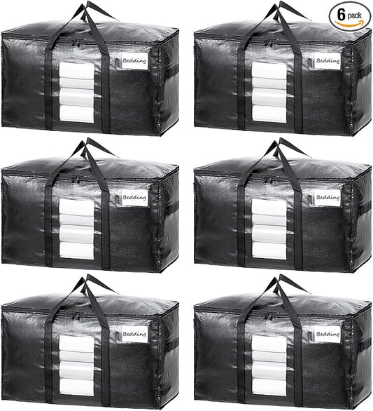 TAILI Extra Large Moving Bags, 6 Pack Black Heavy Duty Totes For Storage with Visible Window, Wrap Around Handles, Storage Bags for Space Saving, Alternative to Moving Boxes