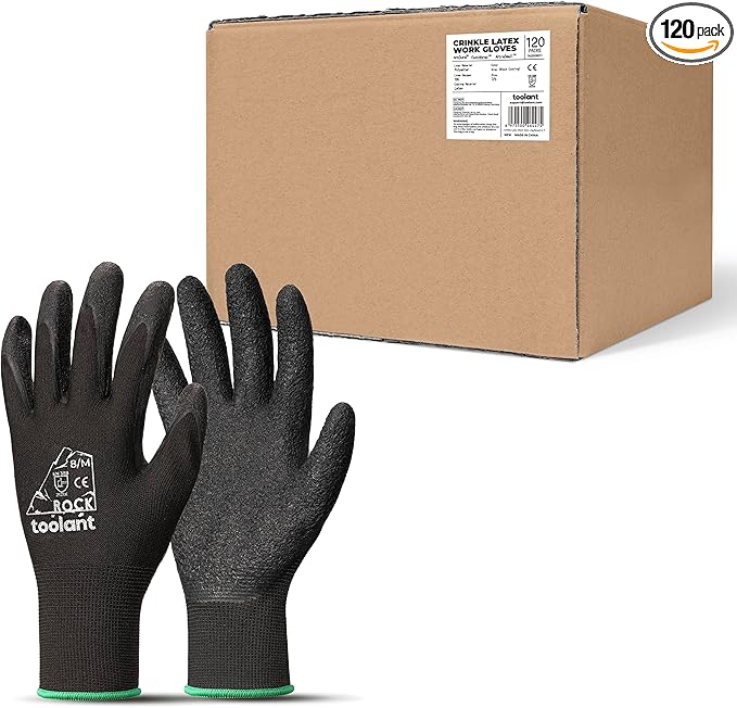 toolant Crinkle Latex Work Gloves Bulk, Rubber Coated Safety Work Gloves for Men and Women, 120 Pairs for Construction, Gardening, Warehouse (Black, Medium)